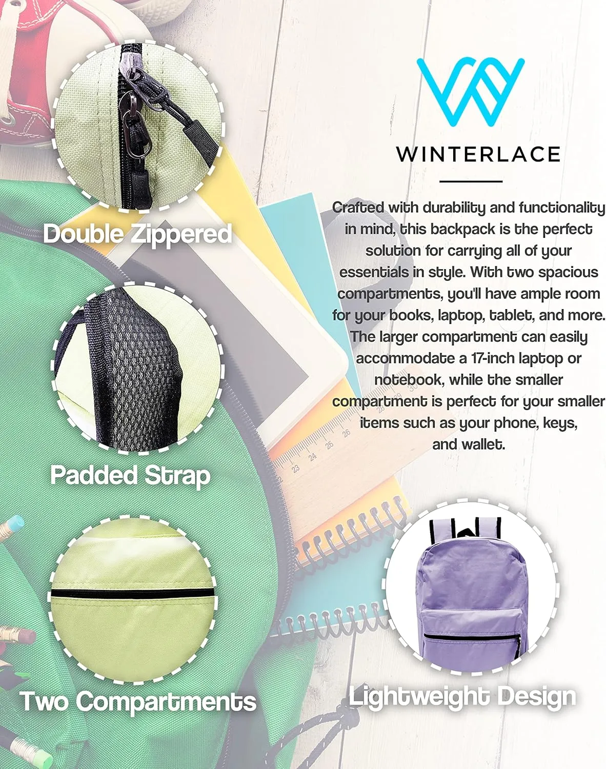 Winterlace 24 Pack Backpack, Bulk 17 inch Lightweight Outdoor Travel Gym Corporate Events Bag (Assorted)