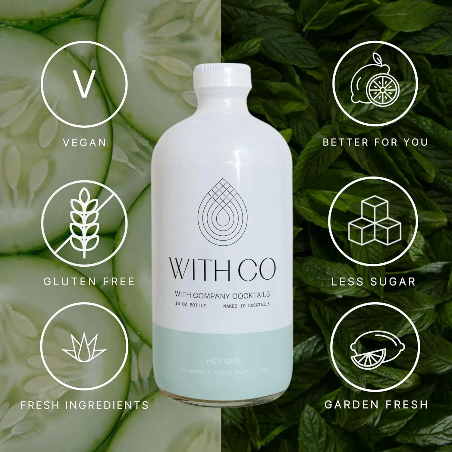 WithCo Hey Girl Cucumber Gimlet Craft Cocktail Mixer with Mint, Fresh Lime Juice Makes 10 Drinks Just Add Vodka, Gin or Tequila or drink as a mocktail with soda water