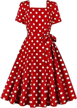 Women 50s Vintage Polka Dot Square Neck Cocktail Swing Dress 1950s Rockabilly Hepburn Prom Tea Party Dresses with Belt