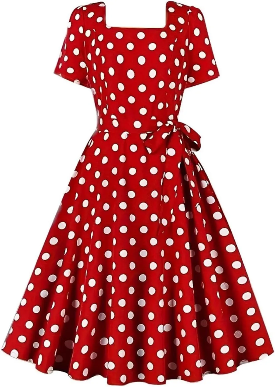 Women 50s Vintage Polka Dot Square Neck Cocktail Swing Dress 1950s Rockabilly Hepburn Prom Tea Party Dresses with Belt