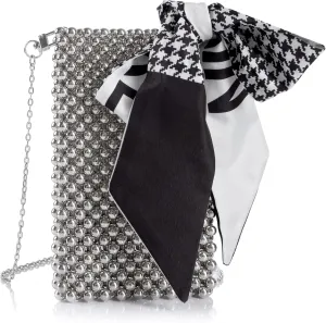 Women Beaded Crossbody Bag Cellphonebag Wallet on Chain with Tied Silk for Evening Party