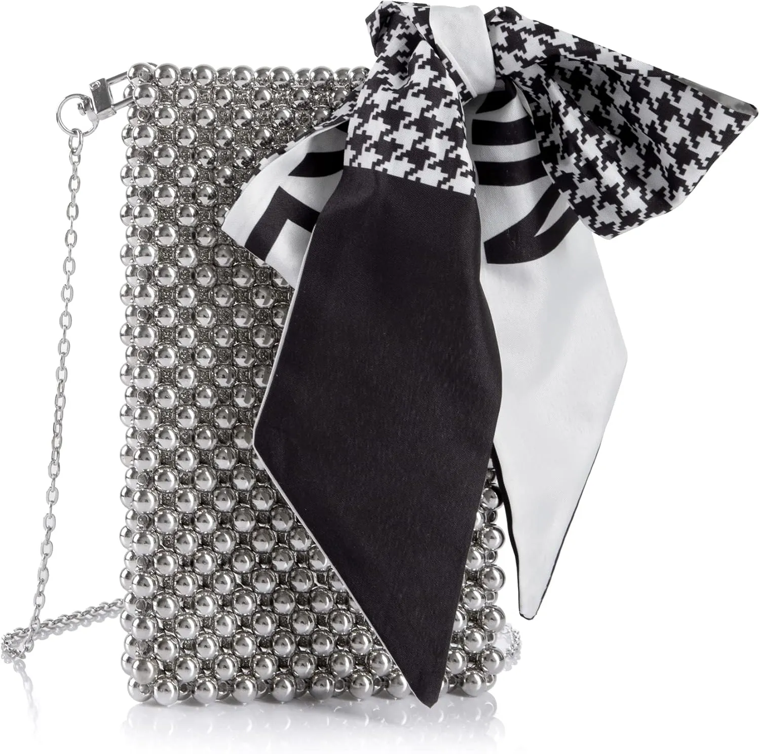 Women Beaded Crossbody Bag Cellphonebag Wallet on Chain with Tied Silk for Evening Party