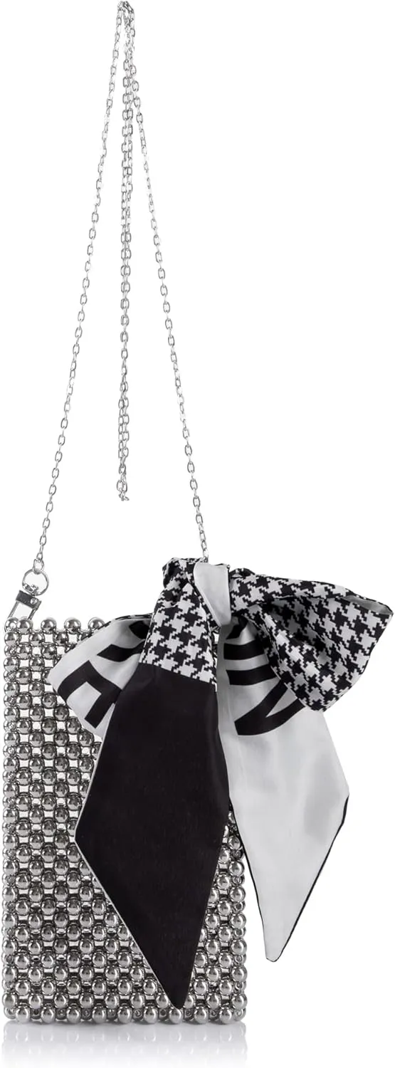 Women Beaded Crossbody Bag Cellphonebag Wallet on Chain with Tied Silk for Evening Party