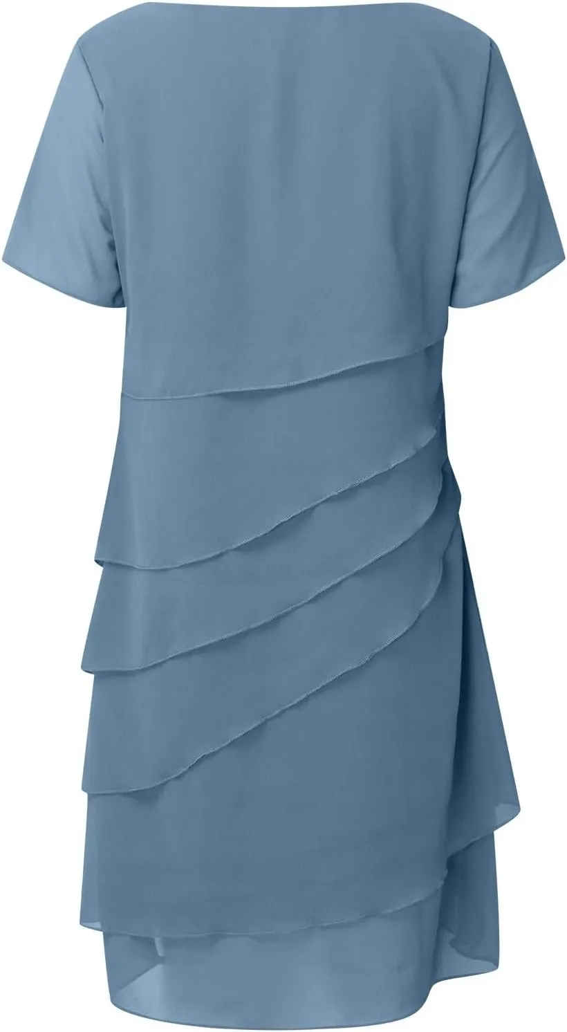 Women Elegant Ruffle Layered Chiffon Midi Dress Summer Flowy Short Sleeve Formal Wedding Cocktail Party Evening Dress