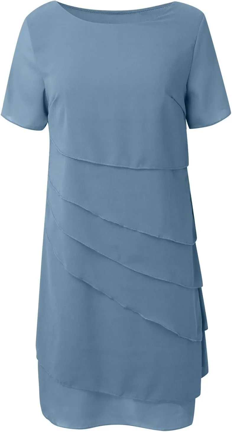 Women Elegant Ruffle Layered Chiffon Midi Dress Summer Flowy Short Sleeve Formal Wedding Cocktail Party Evening Dress
