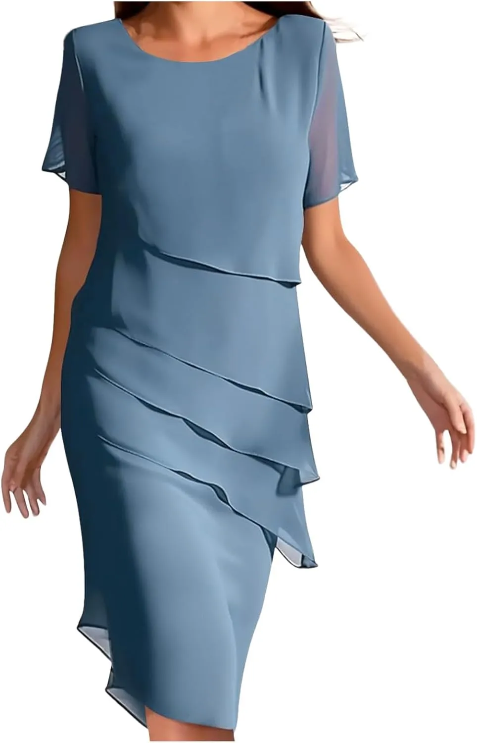 Women Elegant Ruffle Layered Chiffon Midi Dress Summer Flowy Short Sleeve Formal Wedding Cocktail Party Evening Dress