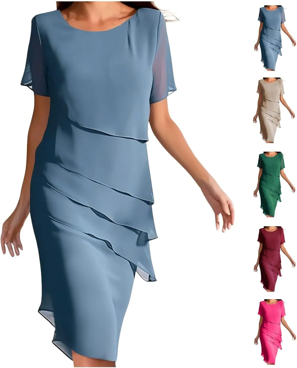 Women Elegant Ruffle Layered Chiffon Midi Dress Summer Flowy Short Sleeve Formal Wedding Cocktail Party Evening Dress