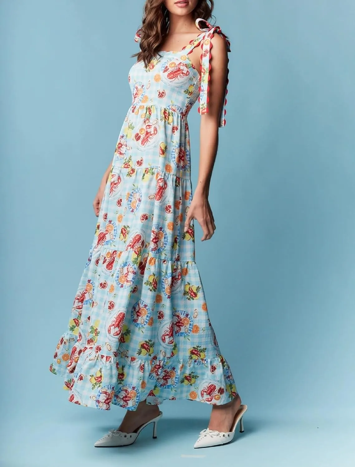 Women Floral Maxi Dress Boho Tie Shoulder Flowy Sundress Sleeveless Backless Long Dress Summer Holiday Beachwear