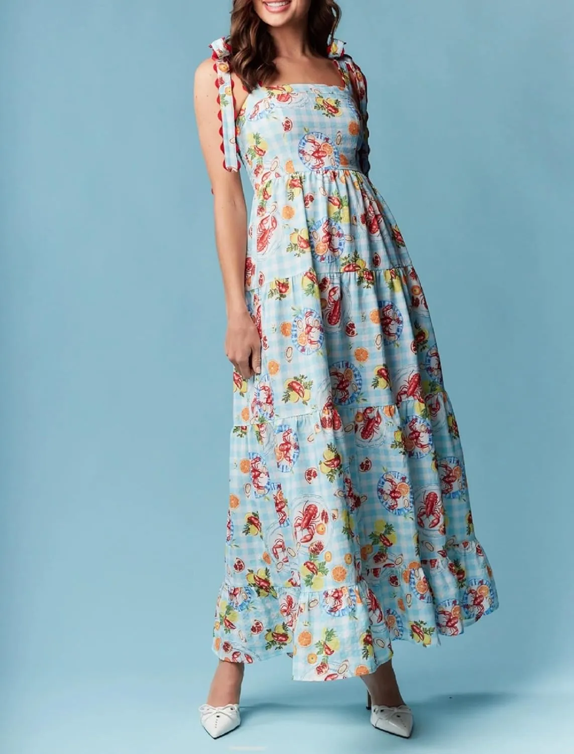 Women Floral Maxi Dress Boho Tie Shoulder Flowy Sundress Sleeveless Backless Long Dress Summer Holiday Beachwear