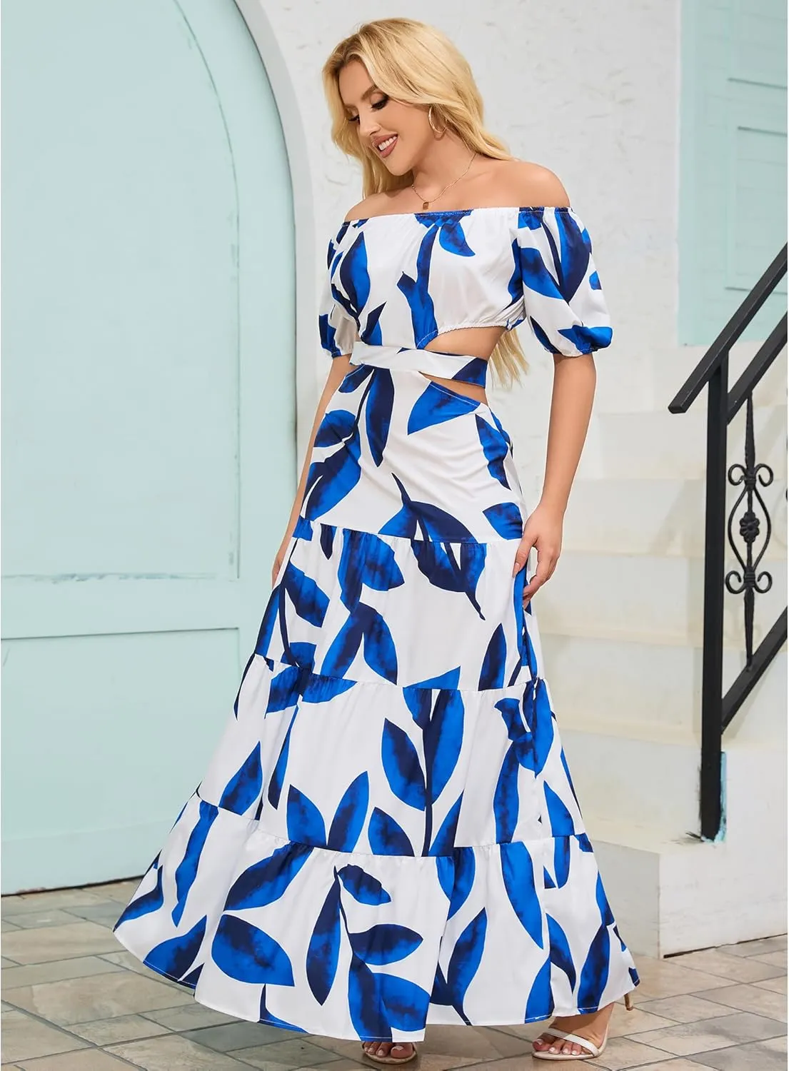 Women High Waist Floral Print Large Hem Long Dress Robe Female Clothes 2024 Chic Sexy Off The Shoulder Maxi Dresses