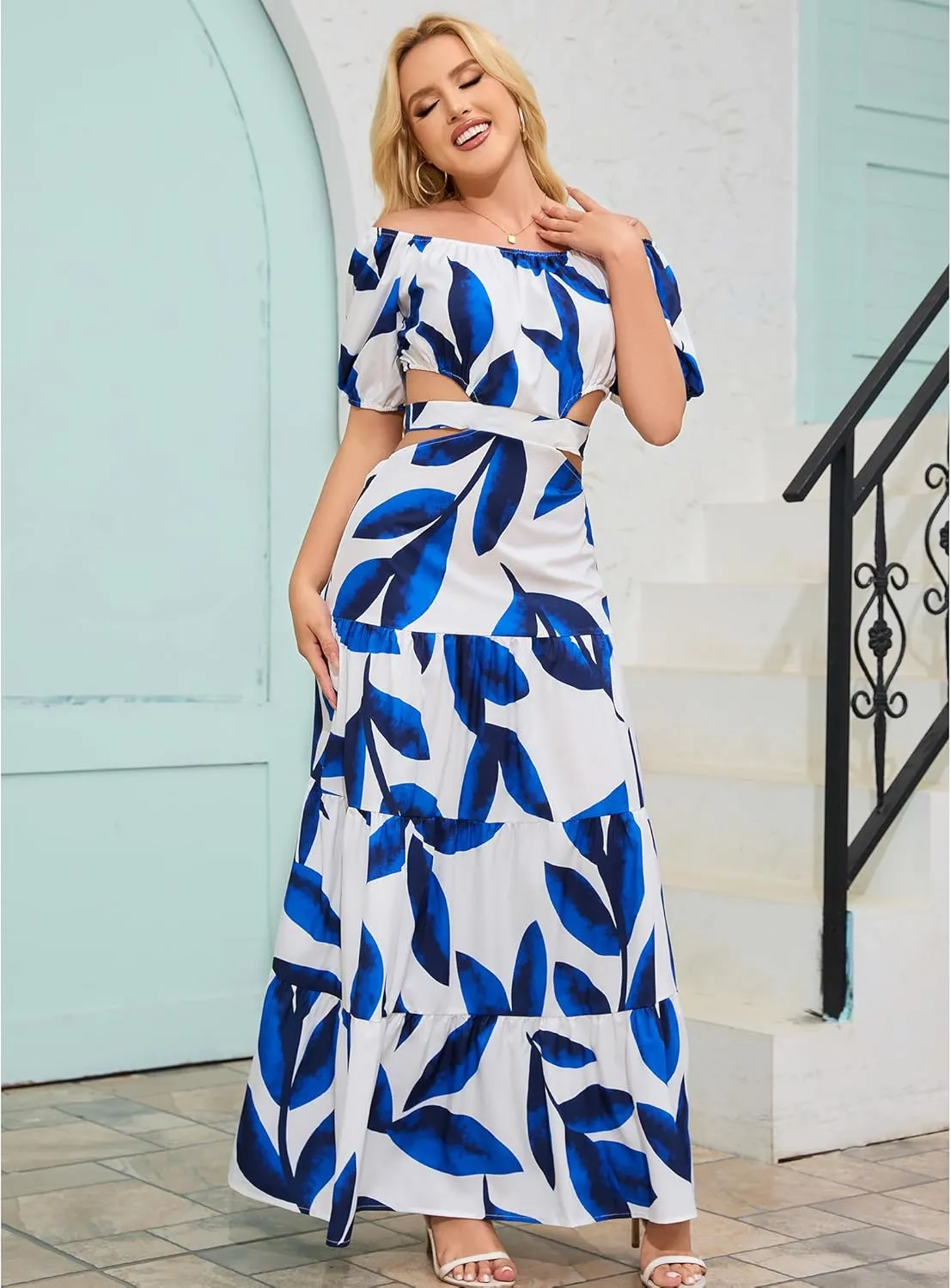 Women High Waist Floral Print Large Hem Long Dress Robe Female Clothes 2024 Chic Sexy Off The Shoulder Maxi Dresses