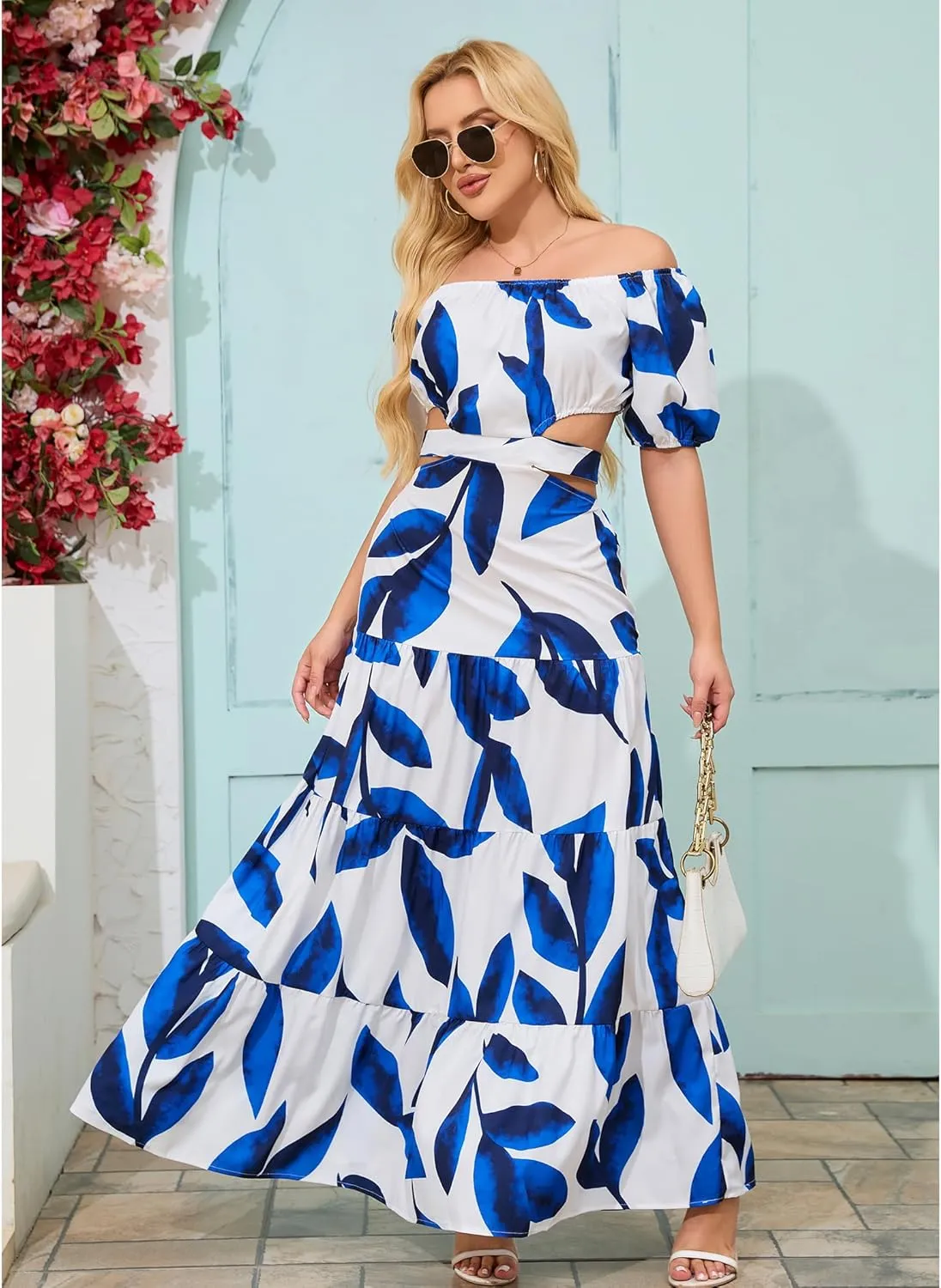 Women High Waist Floral Print Large Hem Long Dress Robe Female Clothes 2024 Chic Sexy Off The Shoulder Maxi Dresses