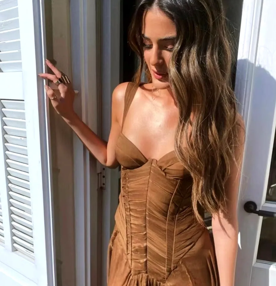 Women Long Dress Prom Party Dresses Coffee Silk Chiffon Sweetheart A Line Evening Gowns Side Pleats Formal Occasion Dress