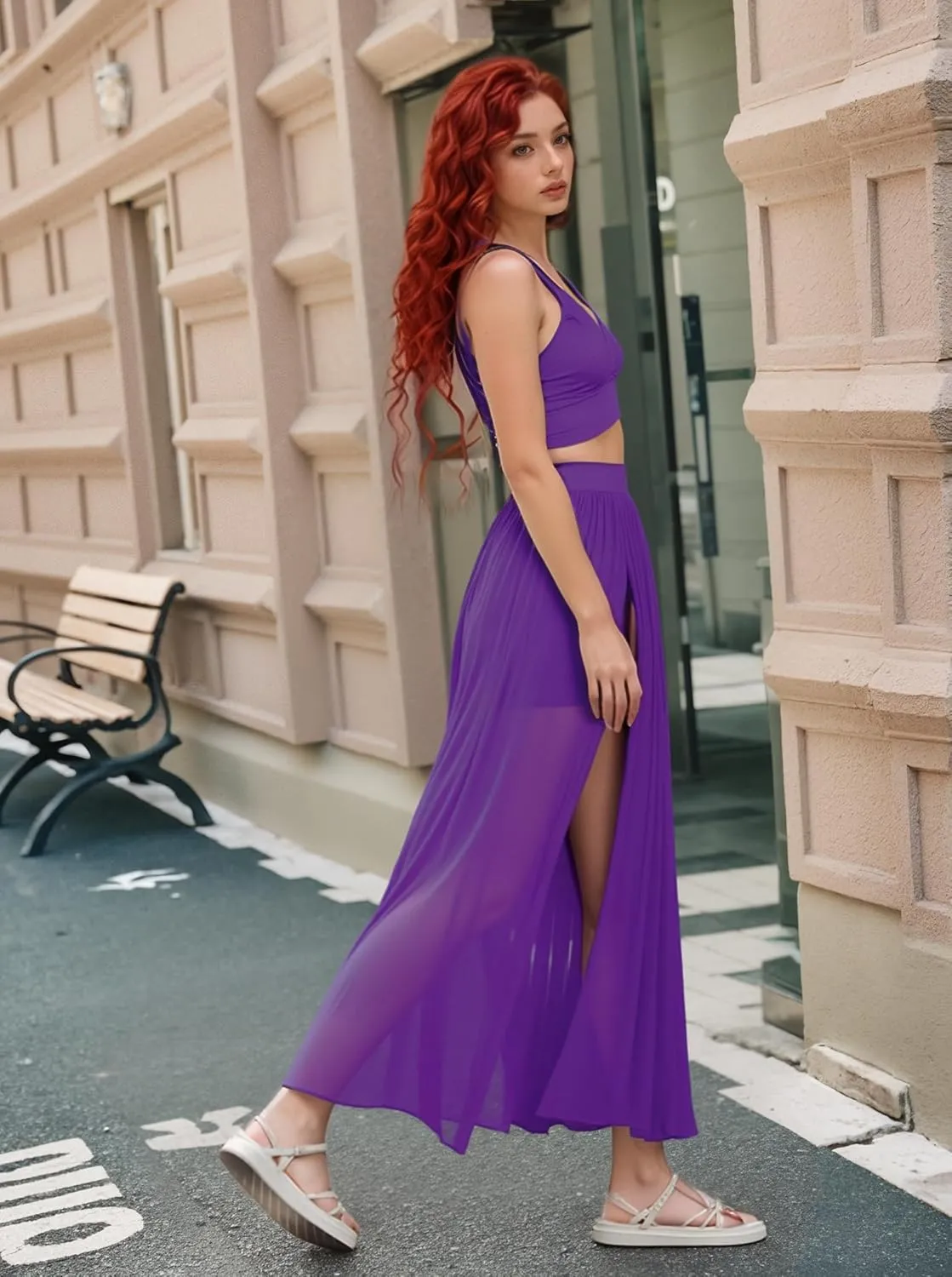 Women Sexy 2 Piece Outfits Dress Chiffon Strap Deep V Neck Bra Crop Top High Split Maxi Dresses Skirt Set
