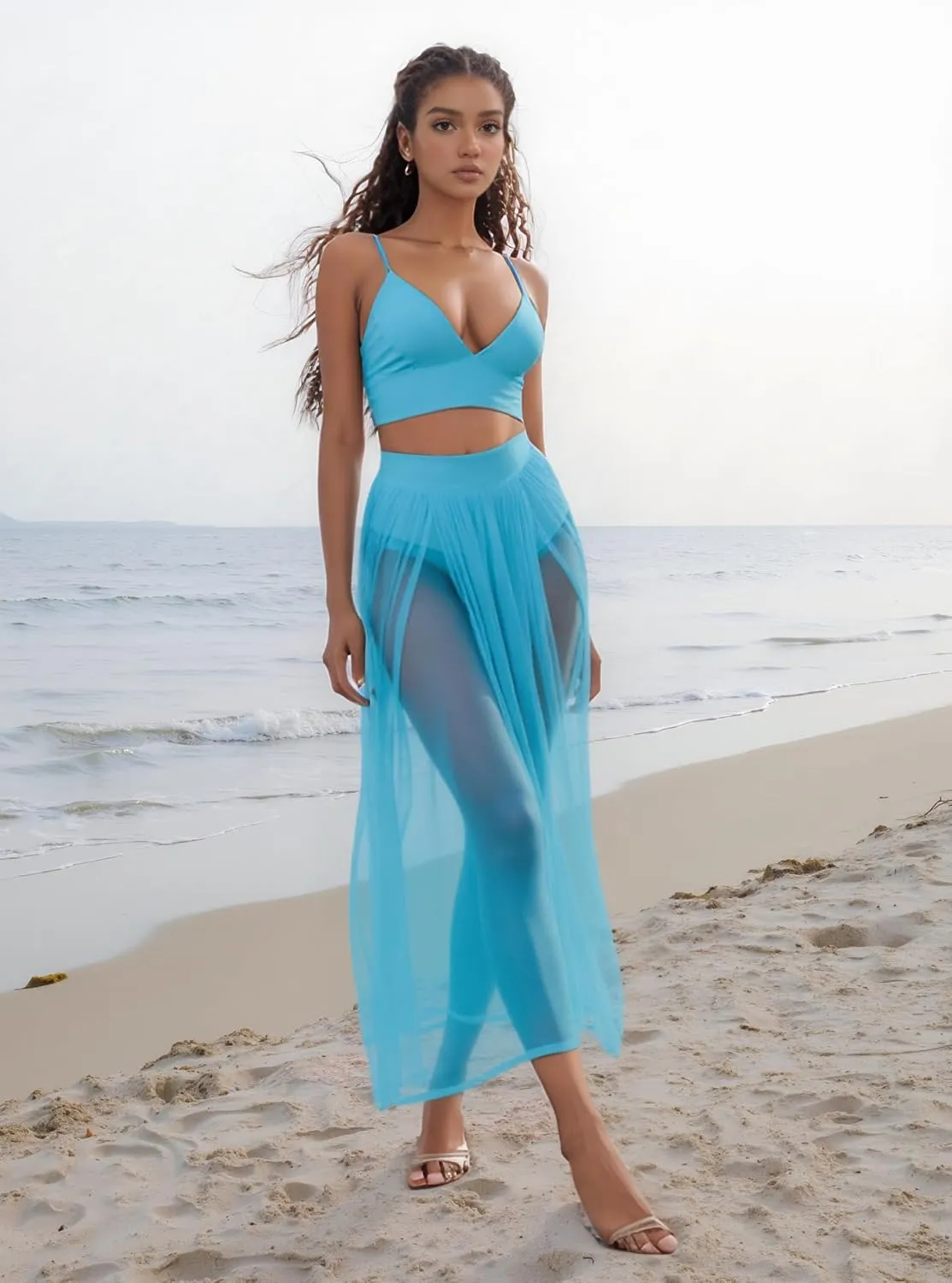 Women Sexy 2 Piece Outfits Dress Chiffon Strap Deep V Neck Bra Crop Top High Split Maxi Dresses Skirt Set