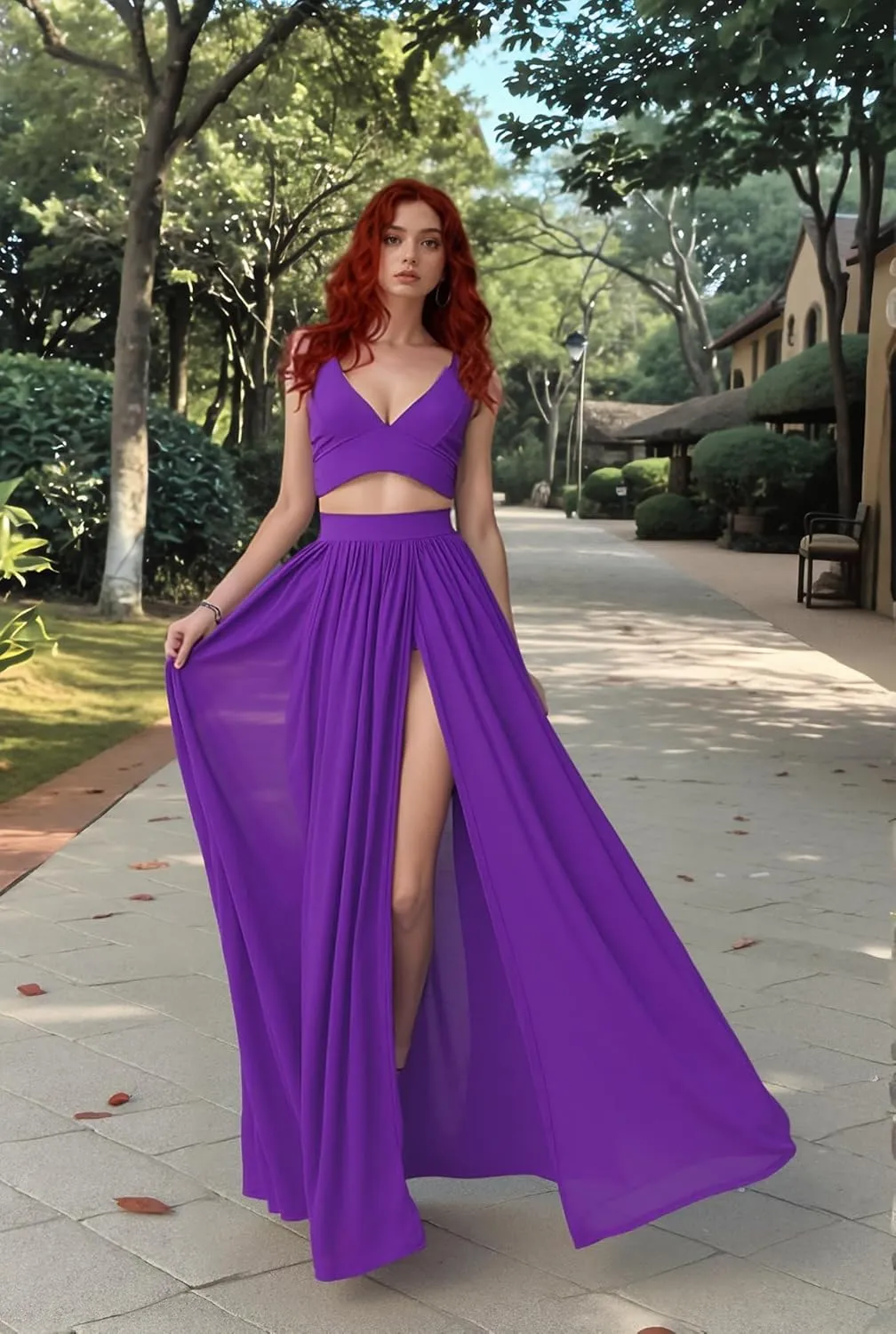 Women Sexy 2 Piece Outfits Dress Chiffon Strap Deep V Neck Bra Crop Top High Split Maxi Dresses Skirt Set