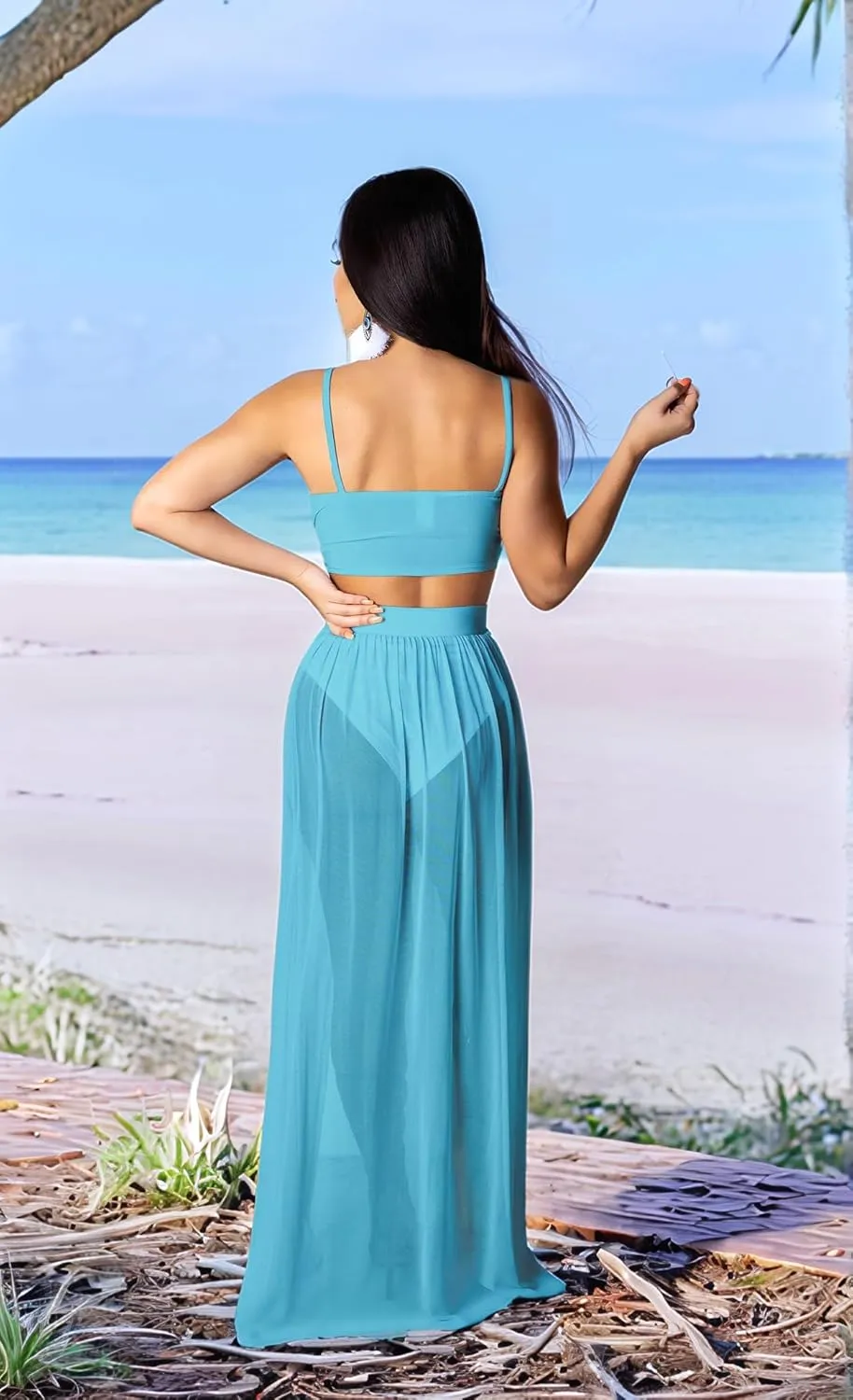 Women Sexy 2 Piece Outfits Dress Chiffon Strap Deep V Neck Bra Crop Top High Split Maxi Dresses Skirt Set