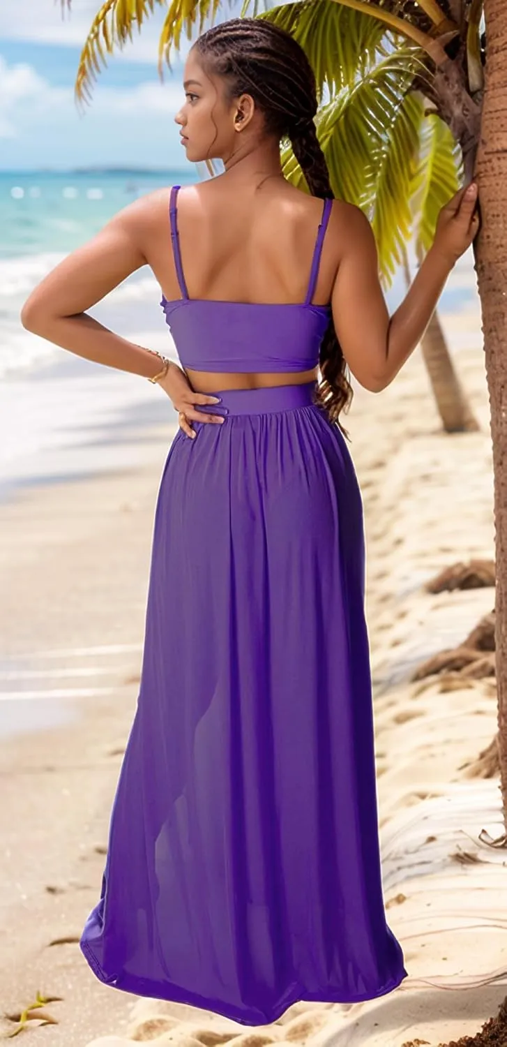Women Sexy 2 Piece Outfits Dress Chiffon Strap Deep V Neck Bra Crop Top High Split Maxi Dresses Skirt Set