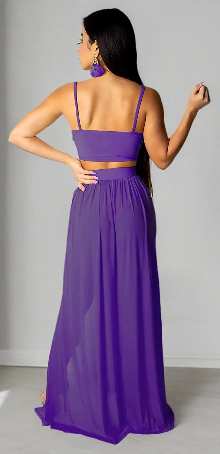 Women Sexy 2 Piece Outfits Dress Chiffon Strap Deep V Neck Bra Crop Top High Split Maxi Dresses Skirt Set