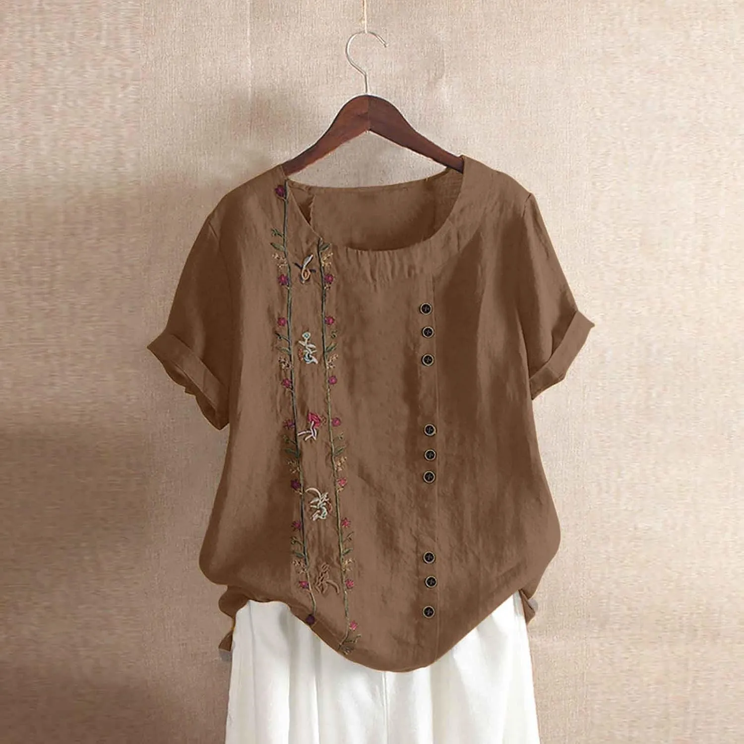 Women Short Sleeve Linen Shirts Floral Print Cotton Blouses Dressy Causal Tunic Tops Trendy Summer Causal Outfits
