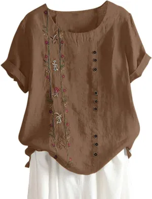 Women Short Sleeve Linen Shirts Floral Print Cotton Blouses Dressy Causal Tunic Tops Trendy Summer Causal Outfits