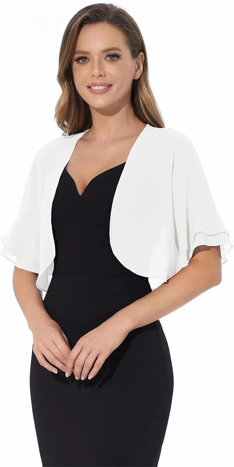 Women Shrug Soft Chiffon Open Front Sheer 3/4 Sleeve Bolero Cardigan for Evening Dress