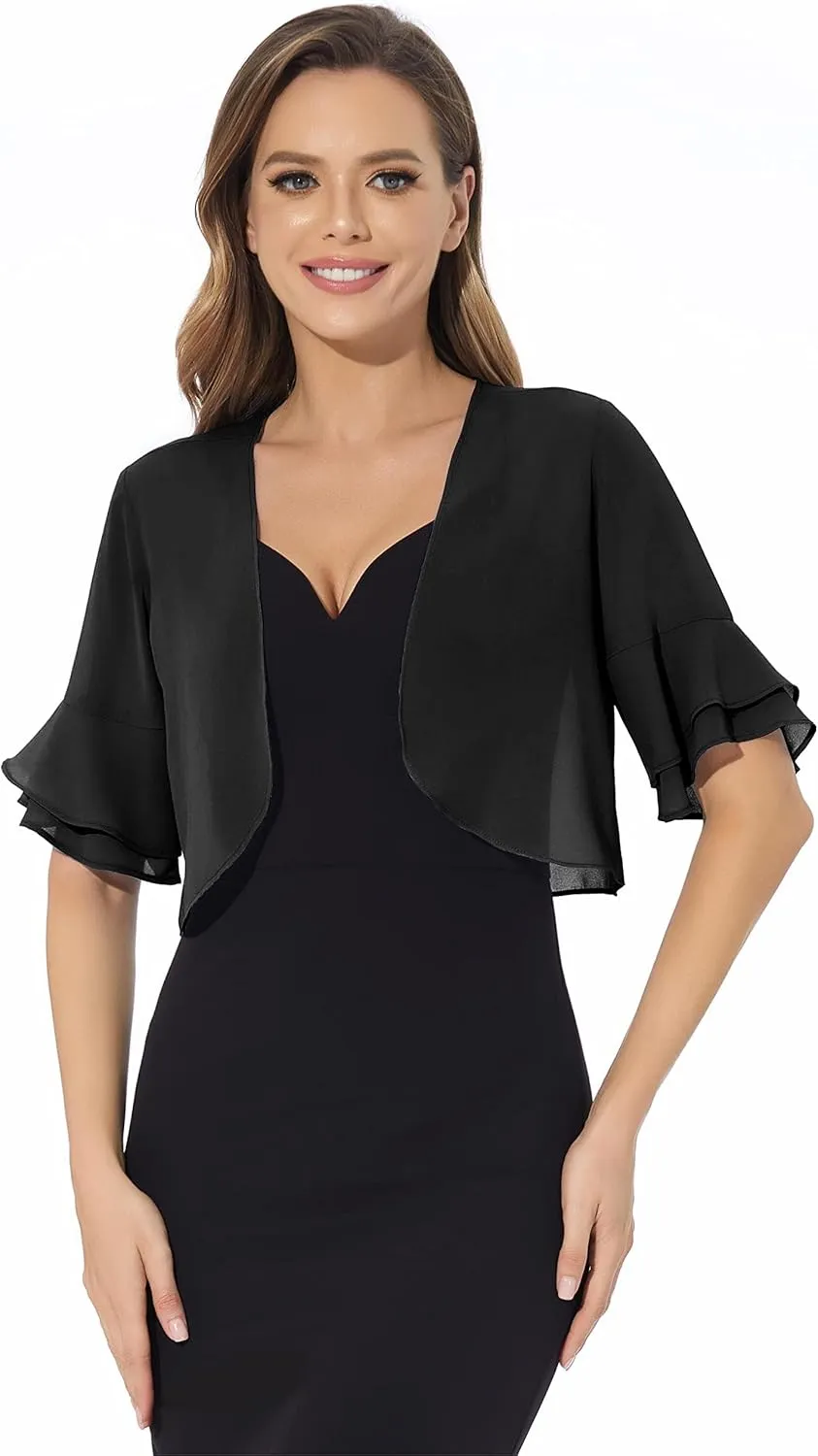 Women Shrug Soft Chiffon Open Front Sheer 3/4 Sleeve Bolero Cardigan for Evening Dress