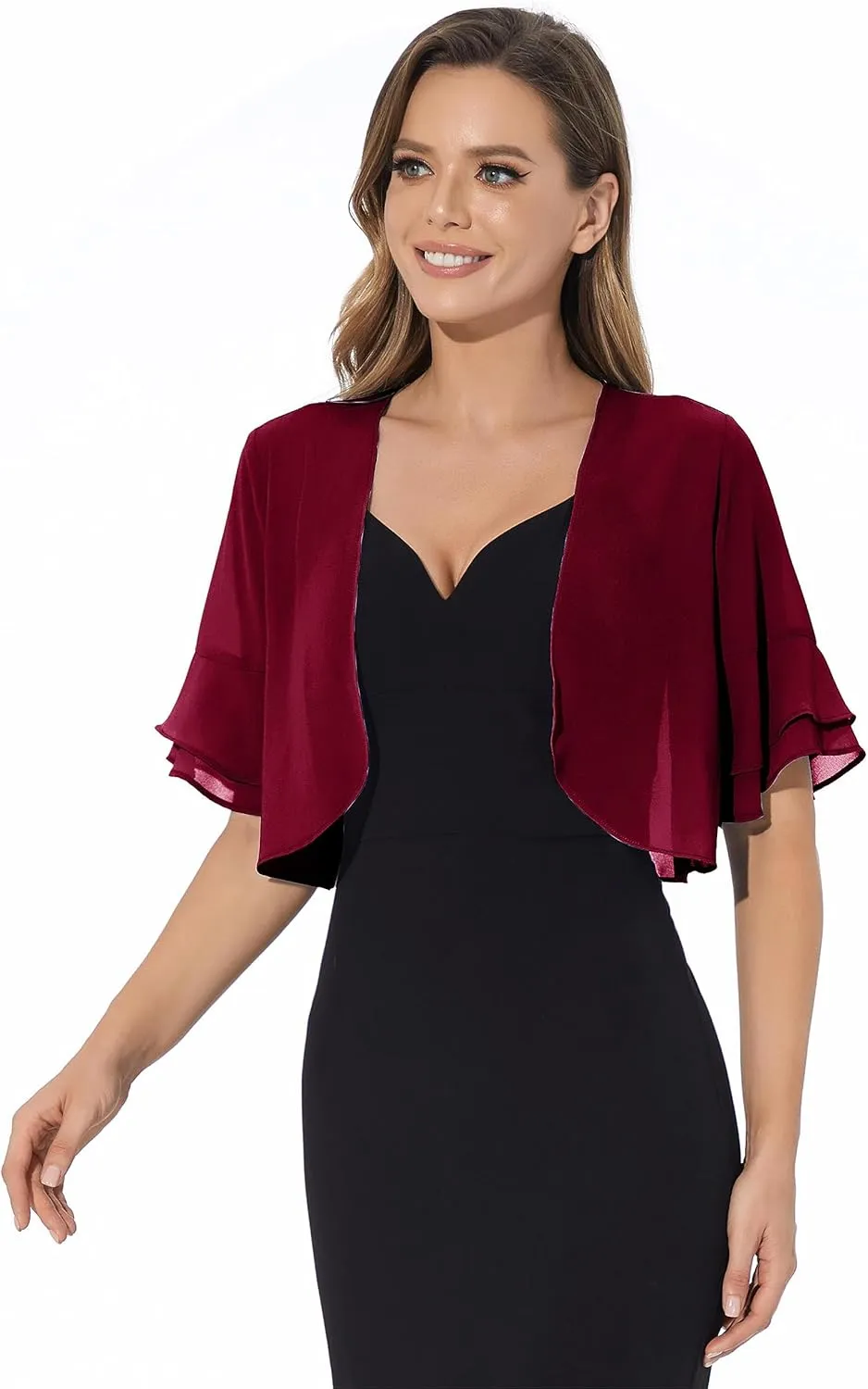 Women Shrug Soft Chiffon Open Front Sheer 3/4 Sleeve Bolero Cardigan for Evening Dress