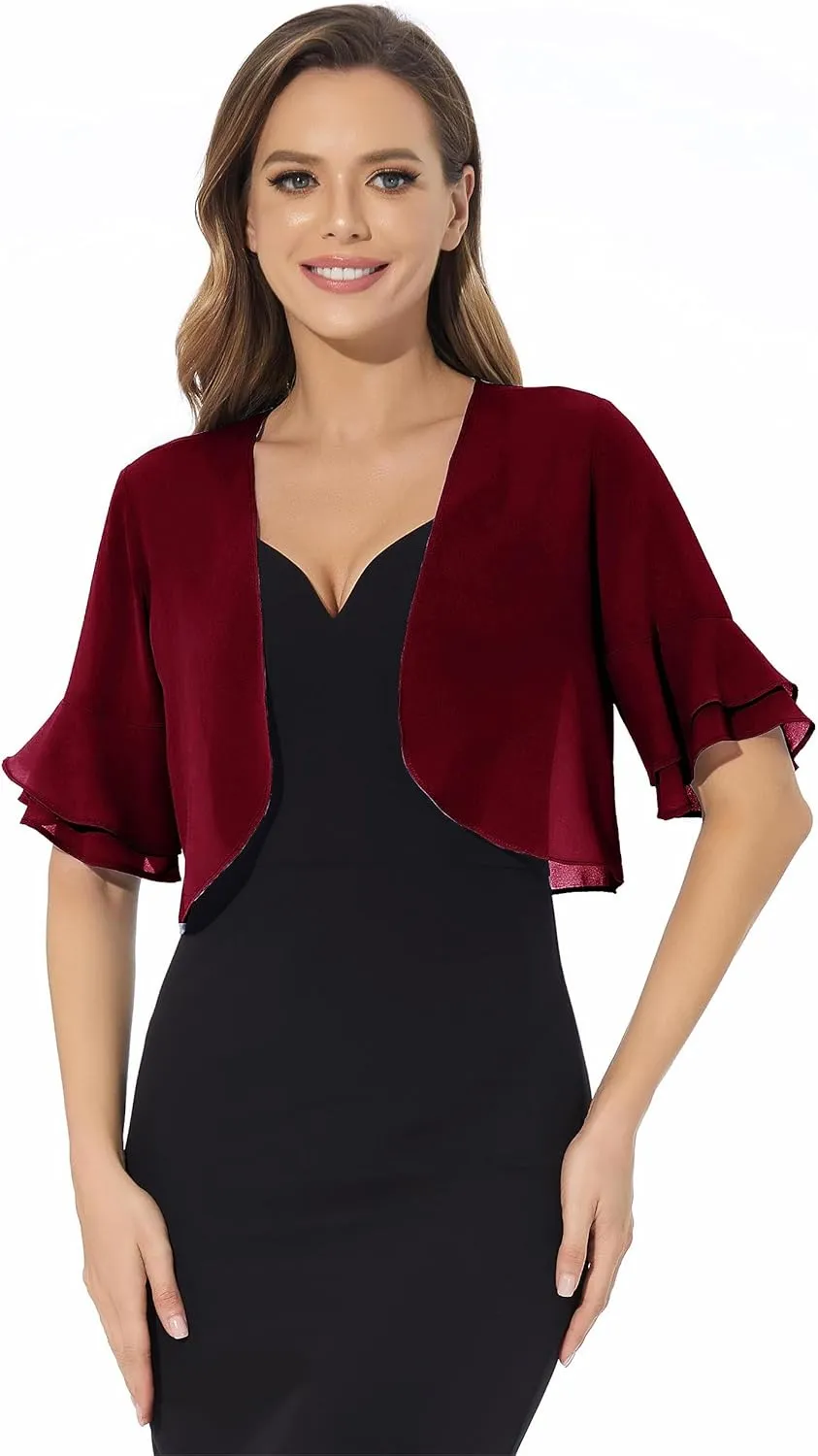 Women Shrug Soft Chiffon Open Front Sheer 3/4 Sleeve Bolero Cardigan for Evening Dress