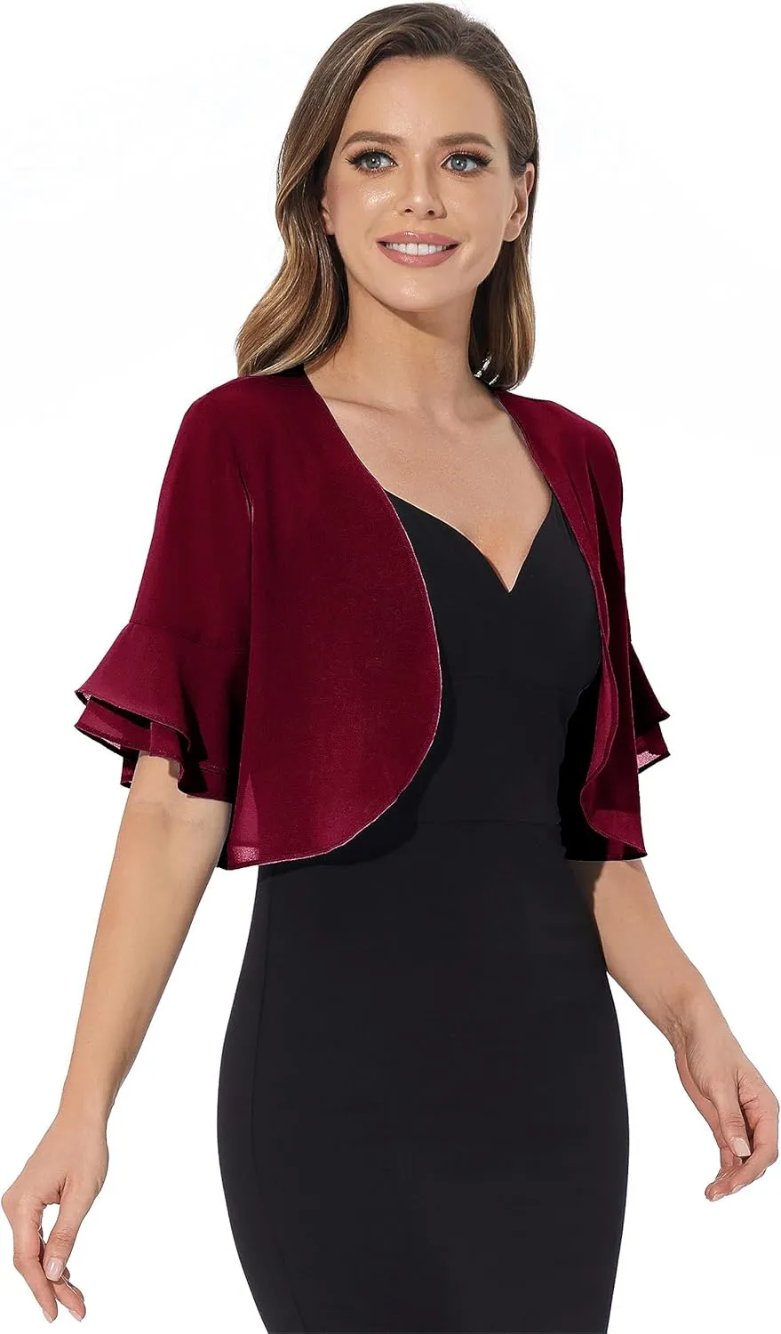 Women Shrug Soft Chiffon Open Front Sheer 3/4 Sleeve Bolero Cardigan for Evening Dress