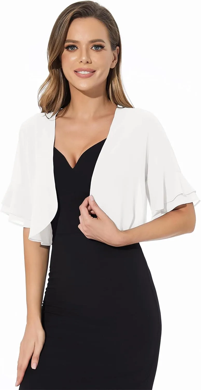 Women Shrug Soft Chiffon Open Front Sheer 3/4 Sleeve Bolero Cardigan for Evening Dress