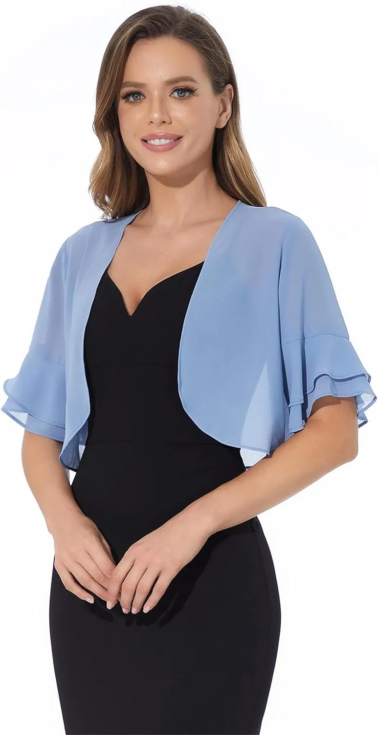 Women Shrug Soft Chiffon Open Front Sheer 3/4 Sleeve Bolero Cardigan for Evening Dress