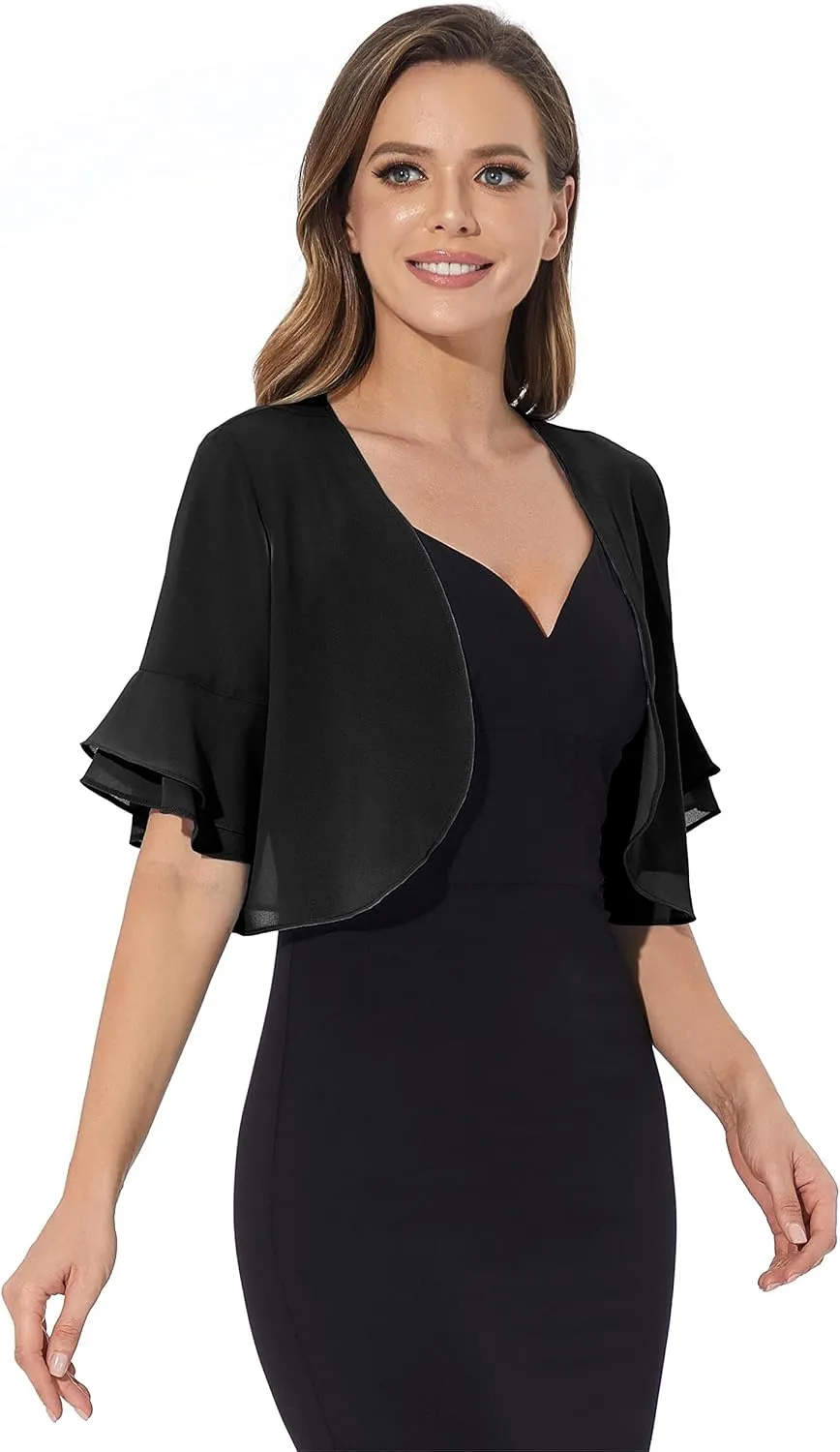 Women Shrug Soft Chiffon Open Front Sheer 3/4 Sleeve Bolero Cardigan for Evening Dress
