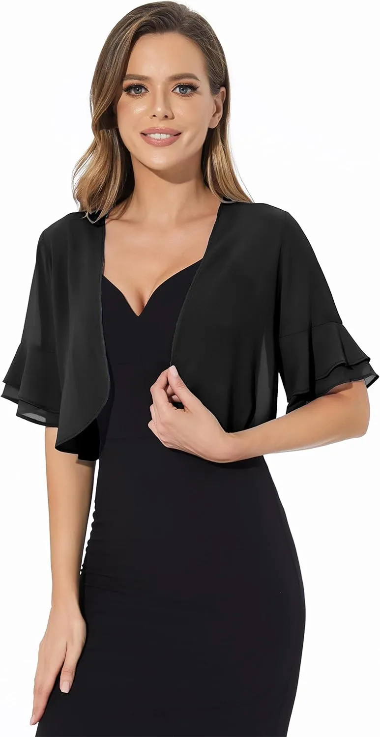 Women Shrug Soft Chiffon Open Front Sheer 3/4 Sleeve Bolero Cardigan for Evening Dress