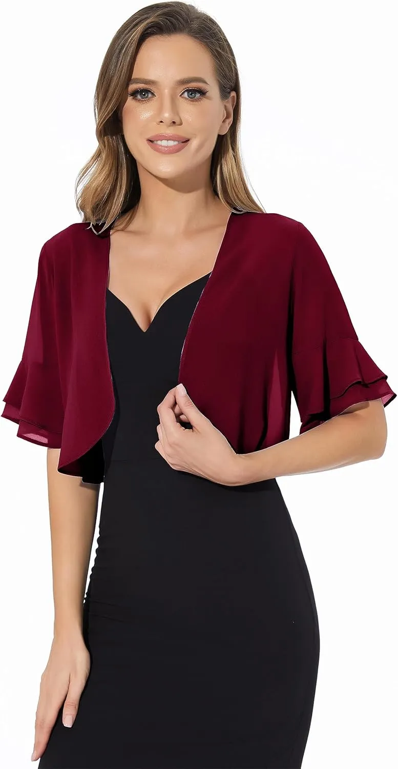 Women Shrug Soft Chiffon Open Front Sheer 3/4 Sleeve Bolero Cardigan for Evening Dress