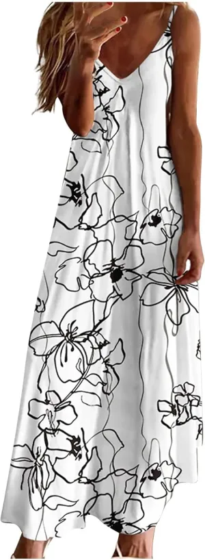 Women Spaghetti Strap Vintage Maxi Dresses Boho Floral Print Sun Dresses Loose Fit Casual Beach Dress