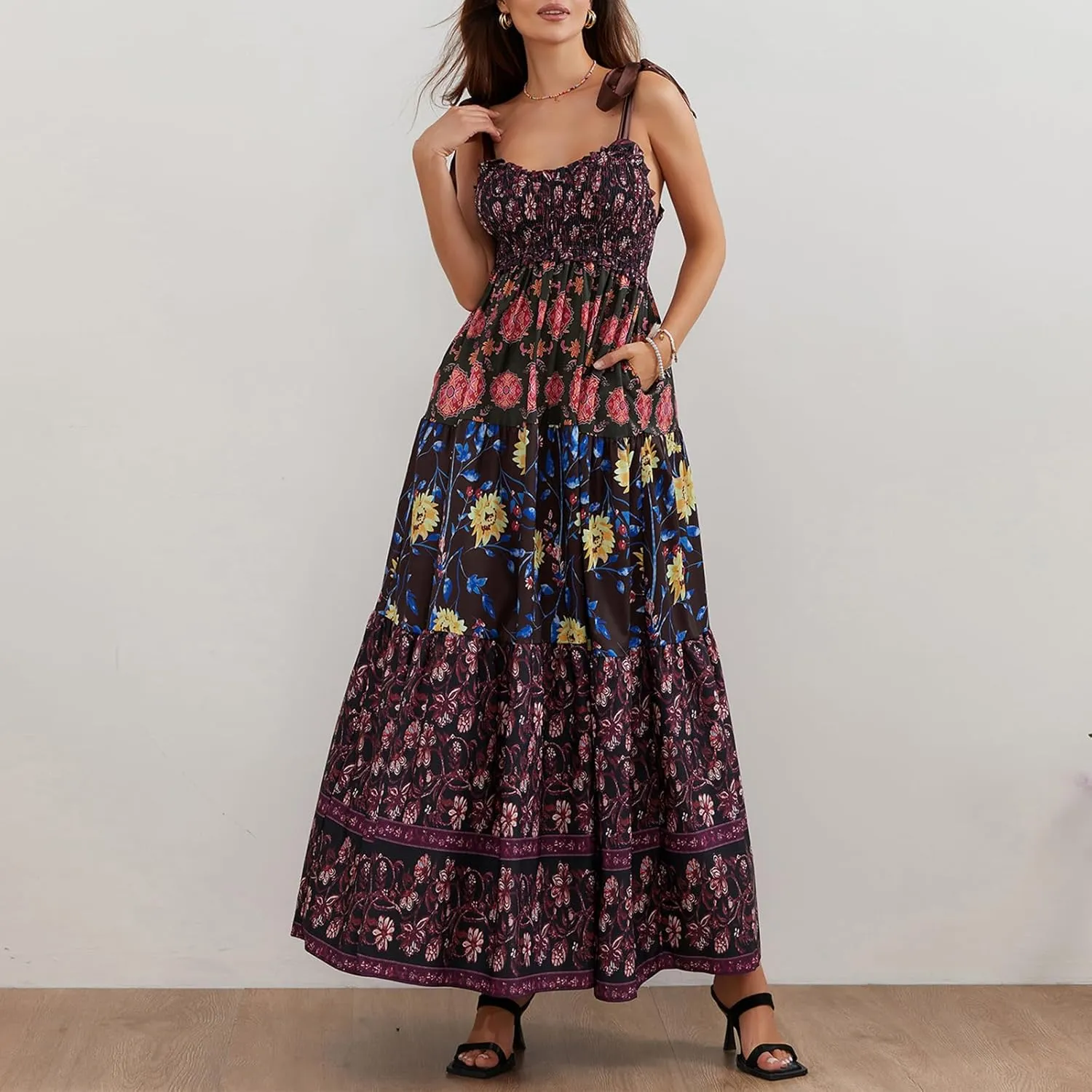 Women Summer Boho Y2K Flowy Spaghetti Strap Dress Shoulder Tie Up Floral Sleeveless Dress Big Swing A-line Long Sundresses