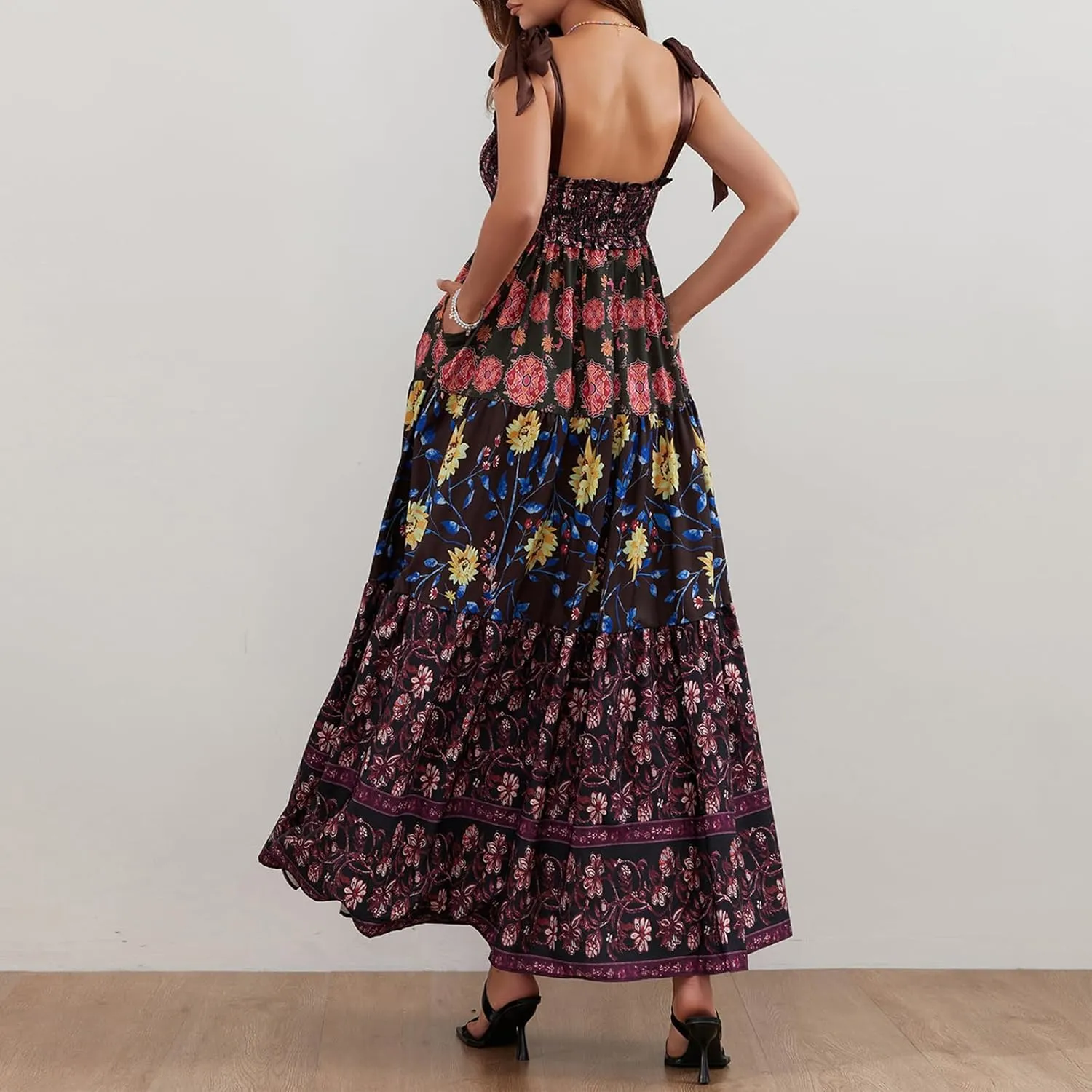 Women Summer Boho Y2K Flowy Spaghetti Strap Dress Shoulder Tie Up Floral Sleeveless Dress Big Swing A-line Long Sundresses