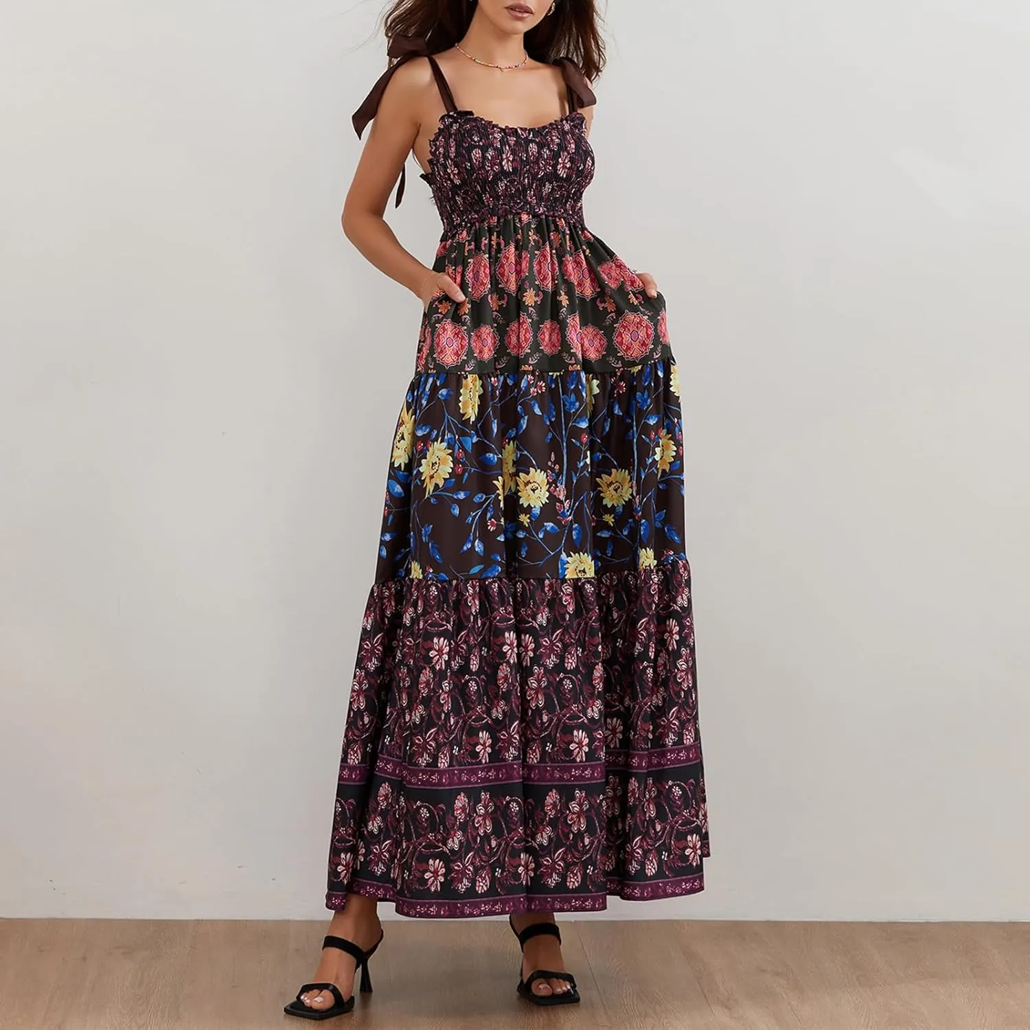 Women Summer Boho Y2K Flowy Spaghetti Strap Dress Shoulder Tie Up Floral Sleeveless Dress Big Swing A-line Long Sundresses