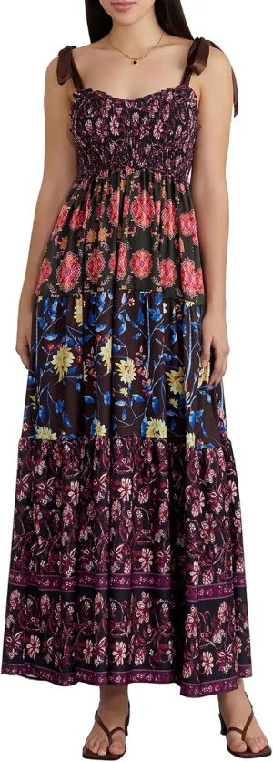 Women Summer Boho Y2K Flowy Spaghetti Strap Dress Shoulder Tie Up Floral Sleeveless Dress Big Swing A-line Long Sundresses