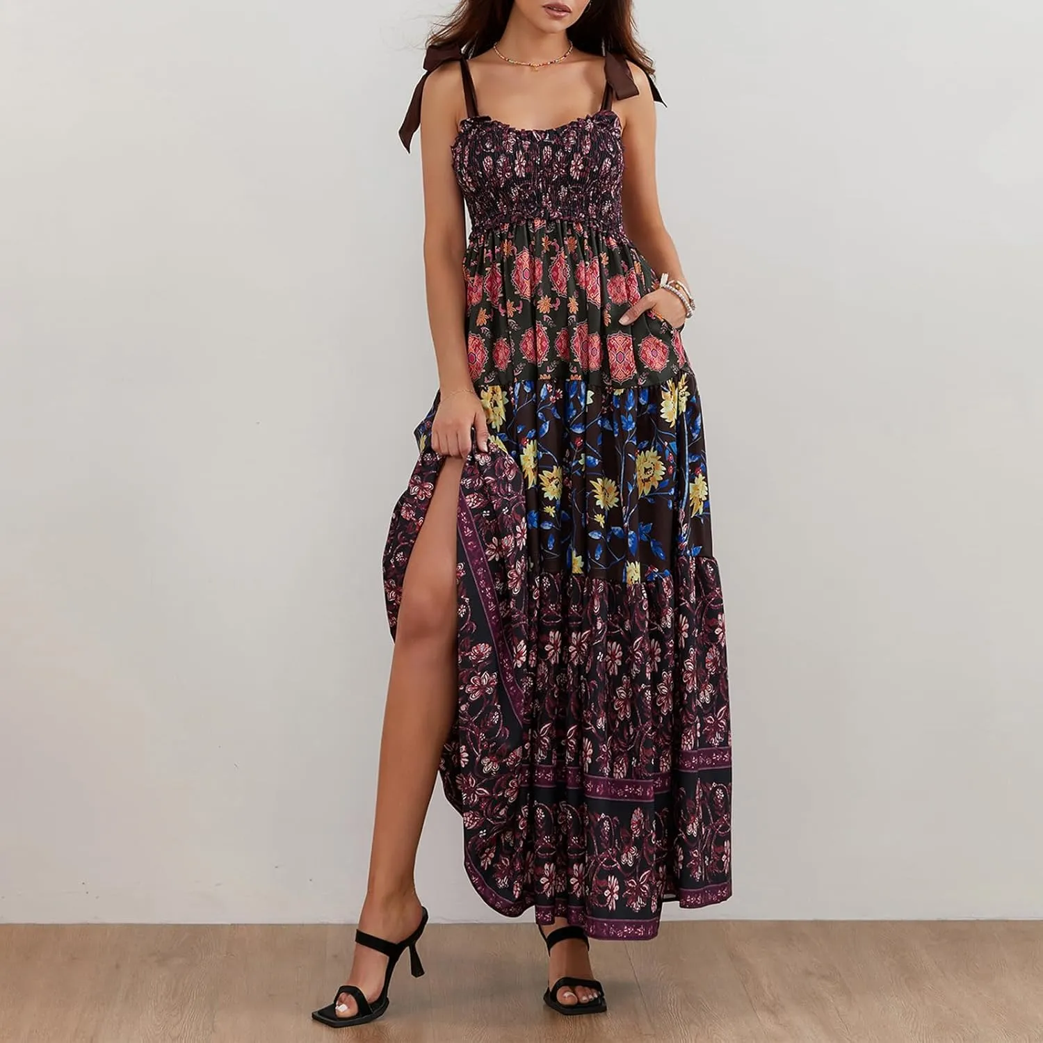 Women Summer Boho Y2K Flowy Spaghetti Strap Dress Shoulder Tie Up Floral Sleeveless Dress Big Swing A-line Long Sundresses