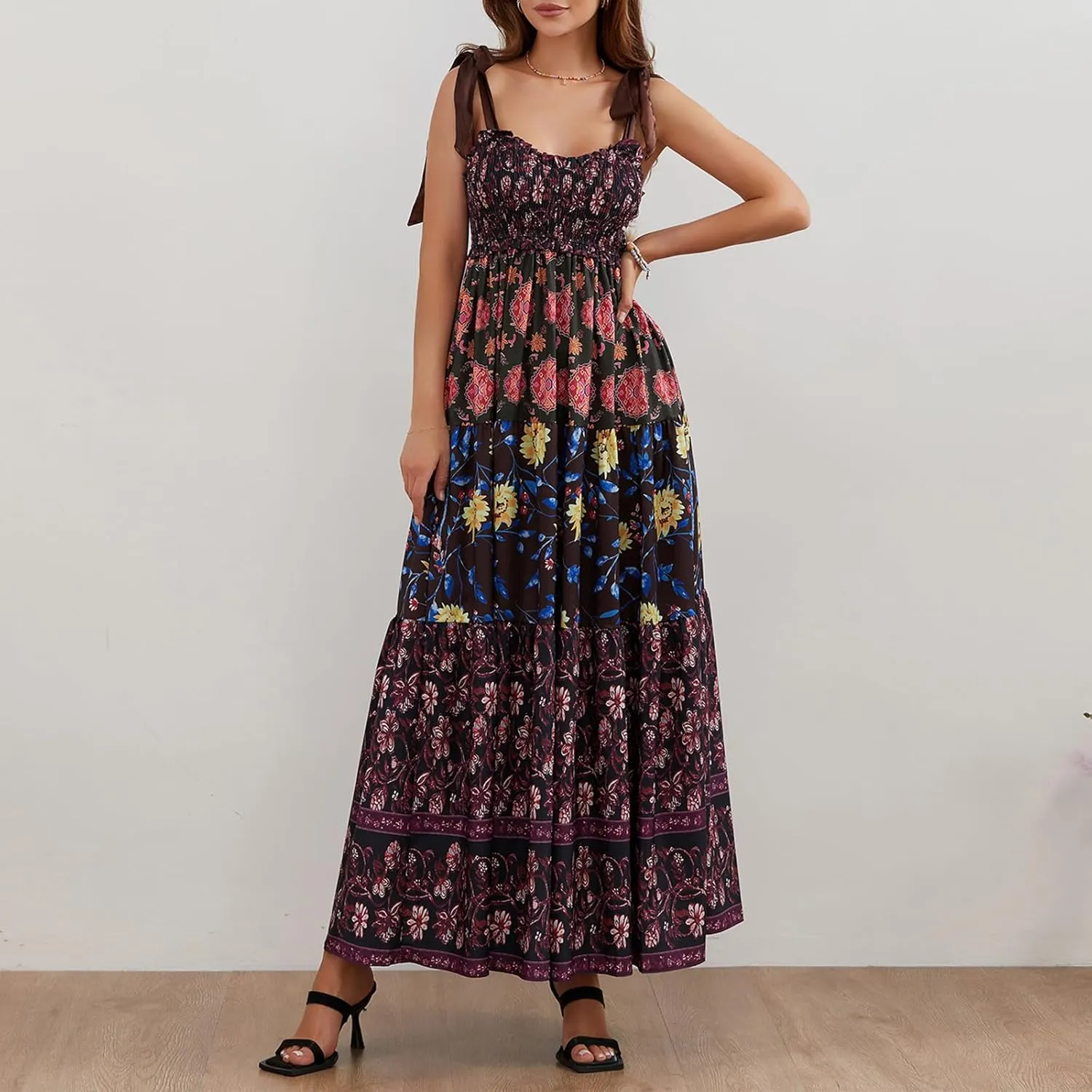 Women Summer Boho Y2K Flowy Spaghetti Strap Dress Shoulder Tie Up Floral Sleeveless Dress Big Swing A-line Long Sundresses