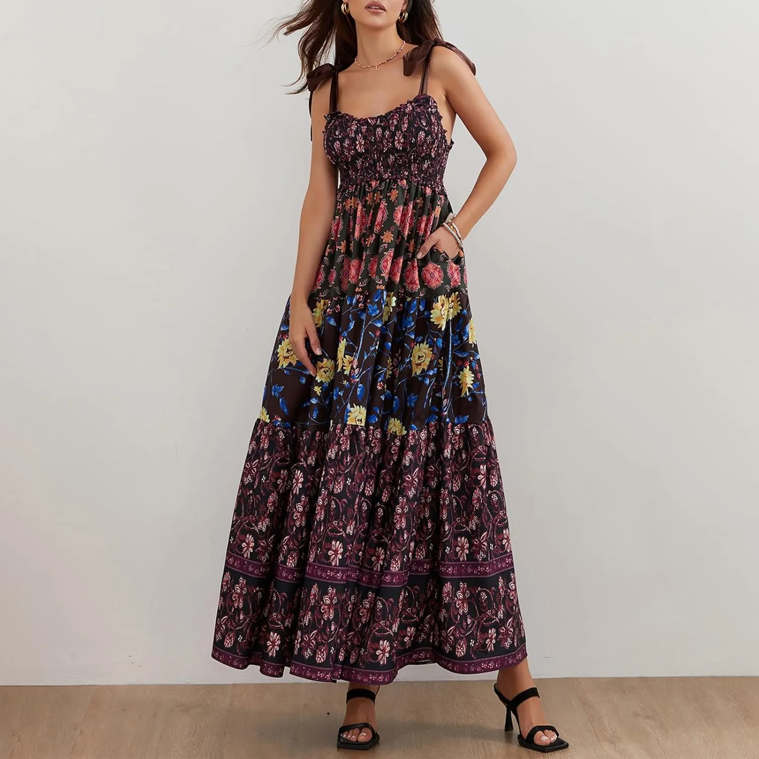 Women Summer Boho Y2K Flowy Spaghetti Strap Dress Shoulder Tie Up Floral Sleeveless Dress Big Swing A-line Long Sundresses