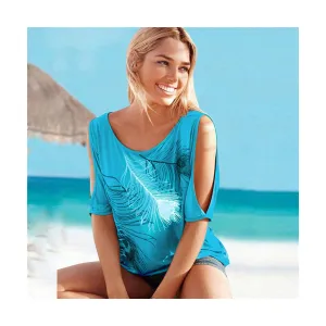 Women Summer Tops Casual Feather Print Shirts Femme Loose Sexy Off Shoulder Blouses Sky Blue