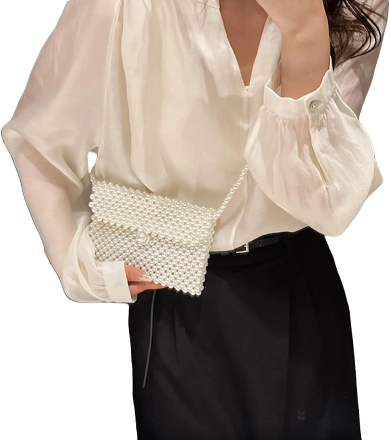 Women White Beaded Pearl Handbag Purse Vintage Pearl Clutch Pearl Bag Pearl Wrislet Mini Evening Bag for Party (Big)