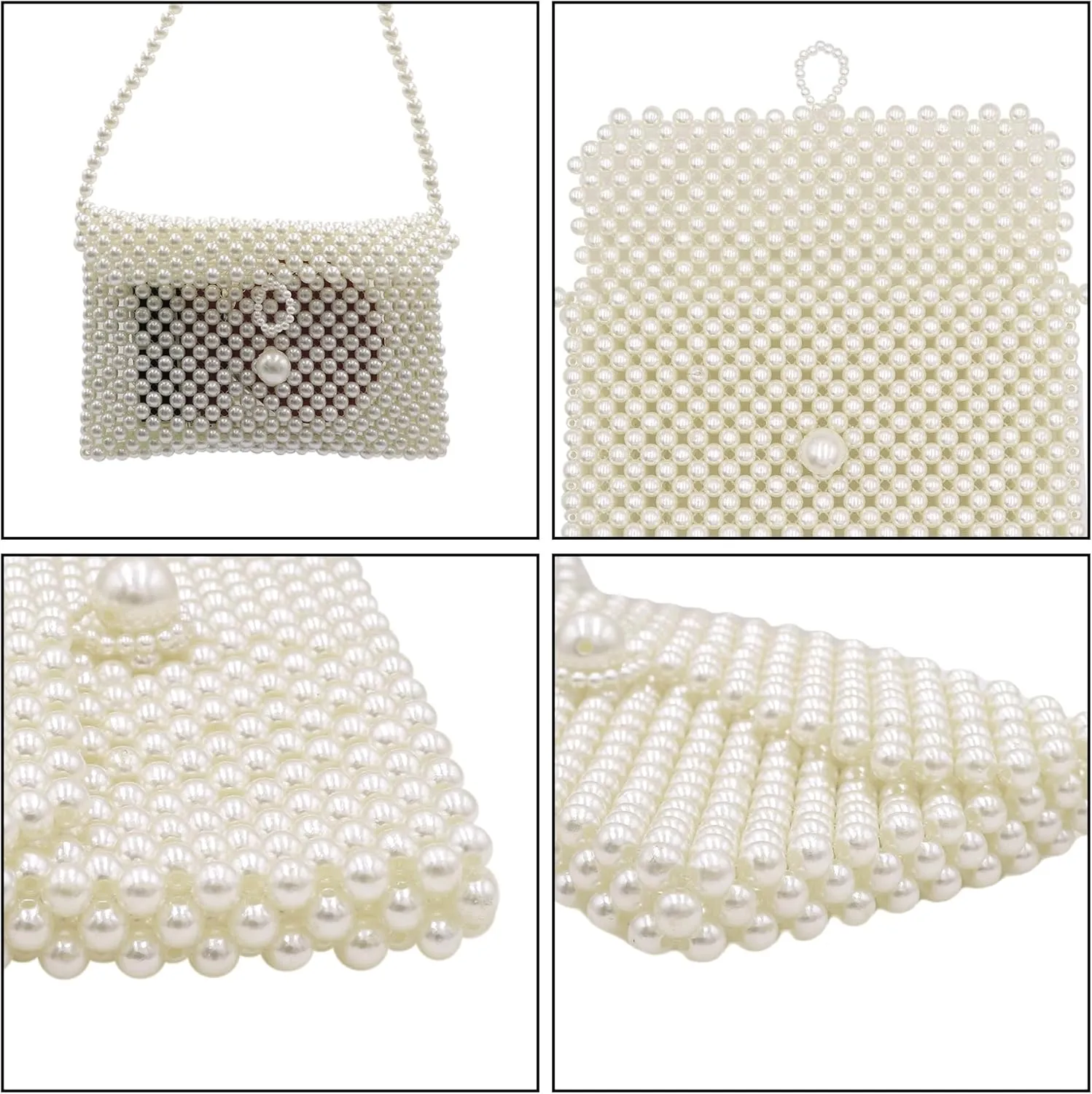 Women White Beaded Pearl Handbag Purse Vintage Pearl Clutch Pearl Bag Pearl Wrislet Mini Evening Bag for Party (Big)