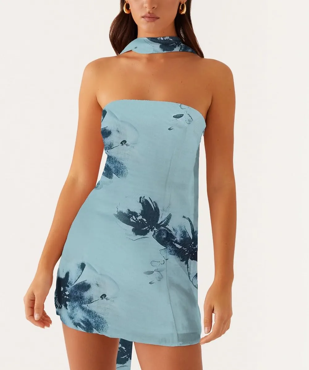 Women Y2k Floral Mini Tube Dress Strapless Flower Print Bandeau Dress Off Shoulder Bodycon Summer Beach Dresses
