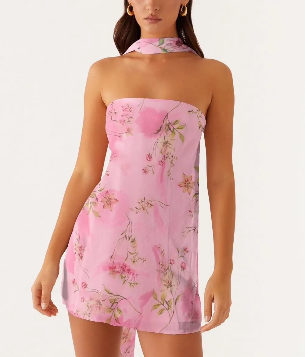 Women Y2k Floral Mini Tube Dress Strapless Flower Print Bandeau Dress Off Shoulder Bodycon Summer Beach Dresses