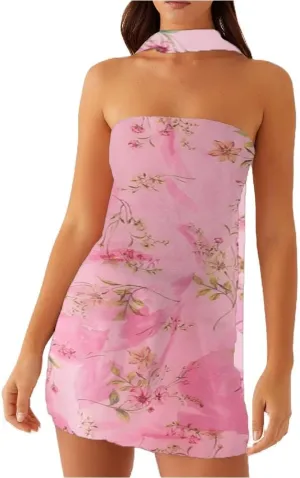 Women Y2k Floral Mini Tube Dress Strapless Flower Print Bandeau Dress Off Shoulder Bodycon Summer Beach Dresses