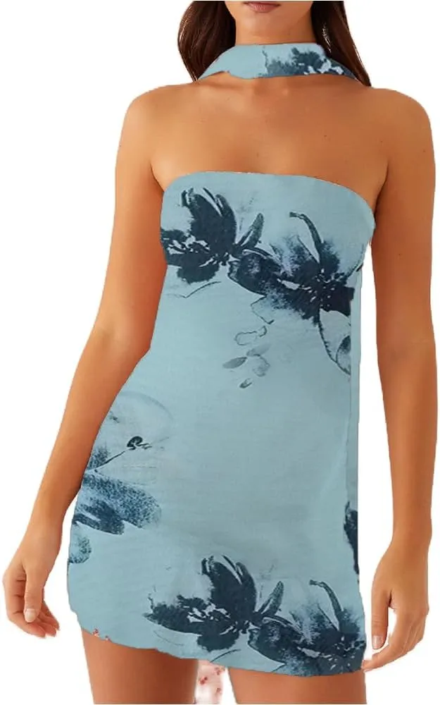 Women Y2k Floral Mini Tube Dress Strapless Flower Print Bandeau Dress Off Shoulder Bodycon Summer Beach Dresses
